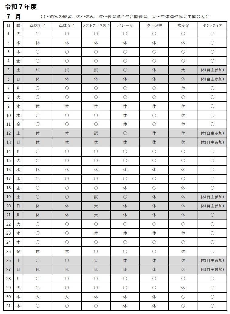 ７月部活計画